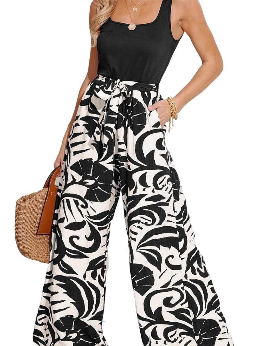 Cupshe Black & Cream Tie-Waist Wide Leg Palazzo Pants - New Without Tags